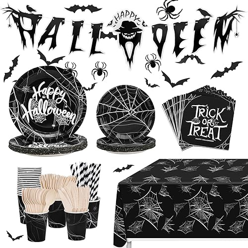 Hysagtek Ensemble de 150 pièces de vaisselle pour fête d'Halloween 16 invités en toile d'araignée – Assiettes en carton, serviettes, tasses, pailles, nappe, autocollants, bannière pour fête