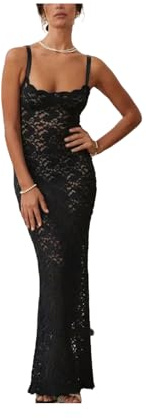 KWTF Robe Maxi Transparente en Dentelle pour Femmes, élégante, Sexy, Bretelles Spaghetti, Moulante, Robes de soirée de Mariage, Noire, Longue Fendue, été