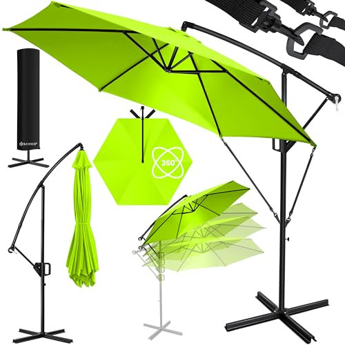 KESSER® Parasol déporté en aluminium + housse de 350 cm de diamètre et manivelle avec support, protection UV en aluminium, toile imperméable à 360 °C, fonction parasol de jardin, parasol de marché,