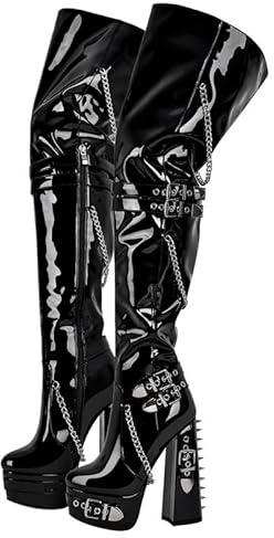 blingqueen Platform Heel Thigh High Boots for Women Chunky Block Heels Booties Zip Up Over The Knee High Boots with Rivets Chains Grommets Buckle Riding Motorcycle Sock Punk Booties Black Size 9