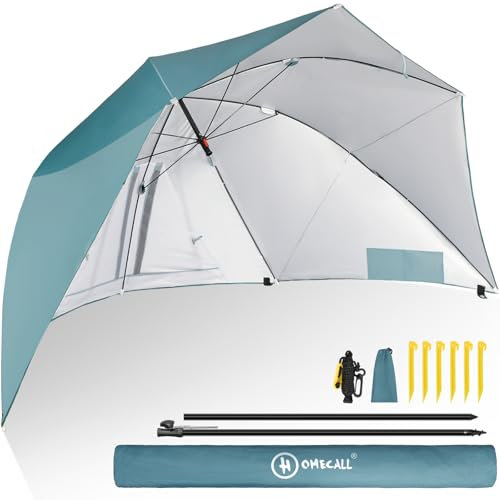 Homecall Sonnenschirm Strand & Strandmuschel 2 in 1 Strandschirm Umschaltbar Ø 270cm Sonnenschirm Groß mit Fenster - Windschutz Strand, Regendicht, UV50+ Sonnenschutz für 2-3 Personen (Blau)