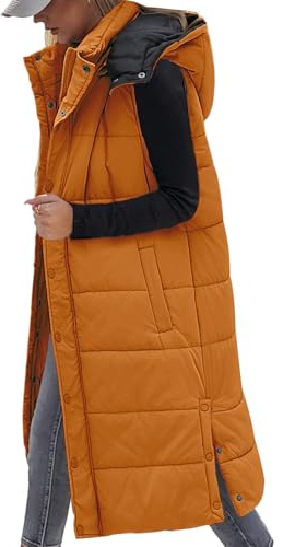 Vancavoo Gilet Donna Lungo Smanicato Invernale Giacca con Cappuccio Senza Maniche Caldo Piumino Lunga Imbottito Gilet con Tasche,Arancione,L