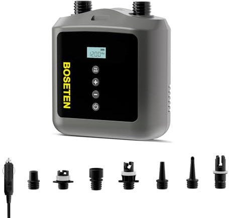 BOSETEN Pumpar för paddelbräda, SUP elektrisk luftpump, tömningsfunktion, automatisk avstängning, 12 V DC bilanslutning för uppblåsbar stående paddelbräda, kajaker, båtar, uppblåsare, paddleboards
