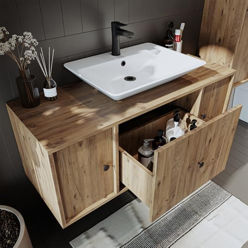 ROOMART Gusto - Juego de muebles de baño (120 cm, 4 piezas, con lavabo de cerámica (roble, armario bajo con lavabo de cerámica)