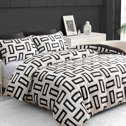 Pamposh Double Duvet Set - Premium Satin Silk Reversible Duvet Cover - Luxurious Hotel Quality Bedding Set With Zipper Closure (Black & White, Double (200 x 200 cm))