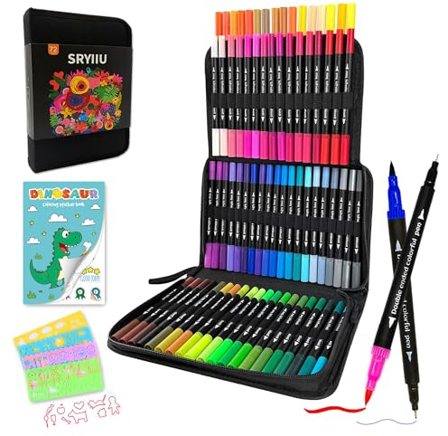 SRYIIU 72 Dual Tip Colouring Pens Set – Felt Tip Pens for adults & Fineliner Markers,Brush Pens Set includes Colouring Books,Stickers and Patterned Templates for Painting,Writing,Drawing and Sketching