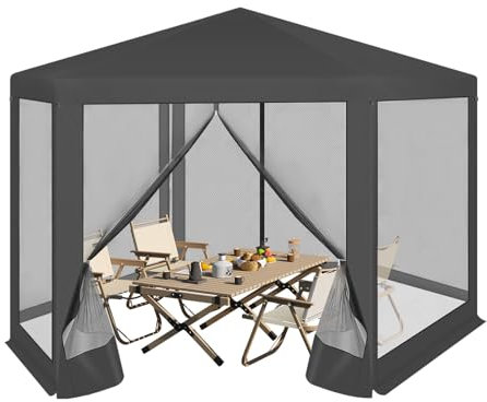 WOLTU Gazebo da Esterni, Pergolato da Giardino, Gazebo Pieghevole e Impermeabile, con Pareti Laterali a Zanzariera, Esagonale, per Campeggio, Feste, 3,8x3,3m, Grigio