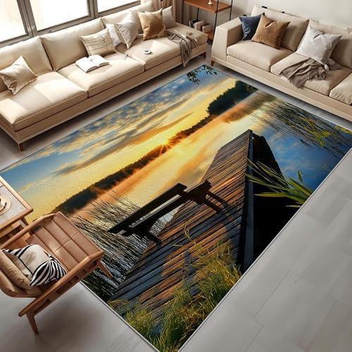MIATCENRT Tappeto Tramonto Canne Tappeti per la Casa, 80 x 150cm Tappeto per Camera Tappetini Lago Molo Stampato, Lavabile Resistente Tappetini Soft Touch per Soggiorno Camera da Letto