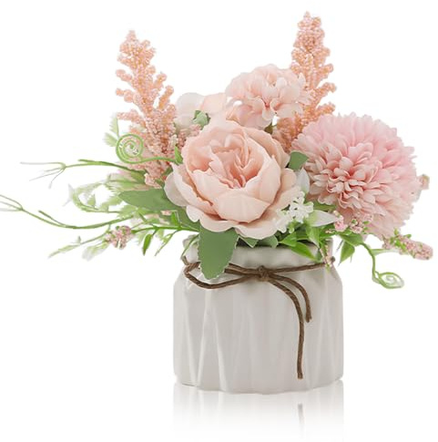 YTZWkit Artificial Flowers in Vase, Faux Pink Hydrangea Flowers with Ceramic Vase, Fake Flower Plants in Pot for Table Living Room Bedroom Office Coffee Shop Party Home Indoor Decoration