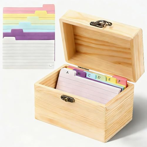 Qivine Caja de Tarjetas para Estudiar, Organizador de Fichas Estudio Madera con Tapa, Reutilizable Cajas de Almacenaje con 150 Tarjeta de Índice para Escuela, Oficina, Hogar