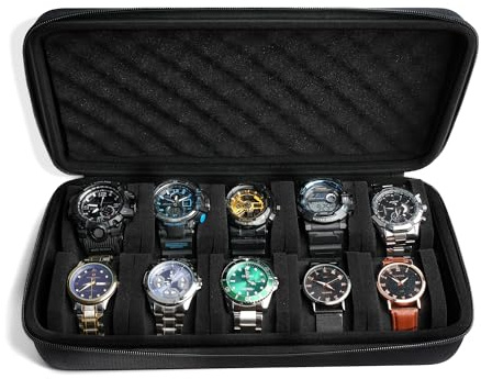 AUKURA Boîtier de montre à 10 emplacements – Boîte de rangement rigide pour montres de voyage, convient aux grandes et petites montres, support de montre rembourré