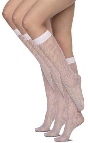 Annes styling kvinnors nätknästrumpor i fisknätsstil grundläggande strumpor under knästrumpor rädda, 3-PK Rete Bianco, one size