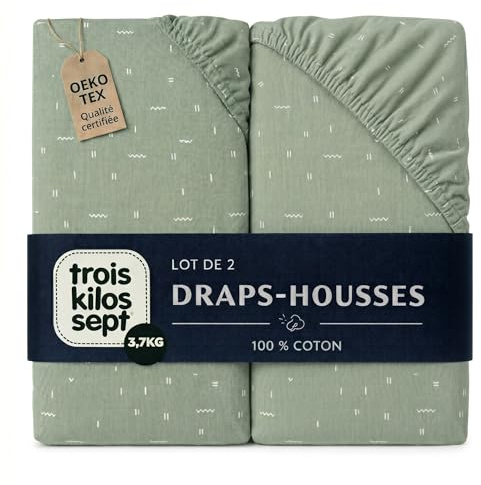 Trois Kilos Sept - Drap Housse Bébé - 100% Coton Jersey Extensible - Doux & Confortable - Bords Elastiqués - Label Oeko-TEX® Standard 100- Motif Graphiques Vert Olive - 50x83 cm - Lot de 2