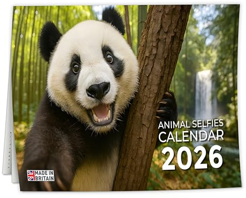 Calendario de pared 2026 UK – Tamaño A3 Animal Selfies Calendario 2026, vista mensual (de enero de 2026 a diciembre de 2026) – Ecológico, A3 cuando está abierto, fabricado en el Reino Unido.