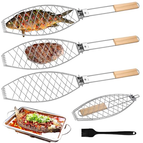 3 x fiskgrillhållare med trähandtag, 63 x 12 cm stora fiskgrillare med metallhandtag, grillfiskställ fiskgrilltång, fiskkorg för grill och BBQ