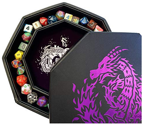 Fantasydice - Lila – Feuerdrache – Würfelablage – 20,3 cm Achteck mit Deckel und Würfel-Bereich – für 5 Sets Würfel (7/Standard) für alle Tisch-RPGs wie D&D, Call of Cthulhu, Shadowrun.