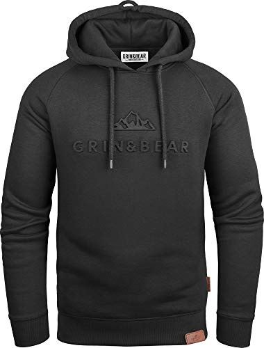Grin&Bear Huvtröja för män, smal passform, huvtröja, huvjacka med stämplad design, logotyp, GEC540, svart, L