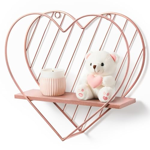 Afuly Rose Gold Floating Shelves Wall Mounted Metal Heart Design Small Storage Pink Display Shelf Bedroom Bathroom Living Room Gift Decor for Christmas