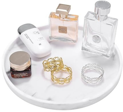 Luxspire Rund Tablett deko, Harz Kosmetiktablett Dekoschalen Schminktisch Make up Tablett Dekoteller Schmuck Organizer Servierbrett Schale für Kosmetik Schmuck Bad Wohnzimmer Deko, Marmor Weiß