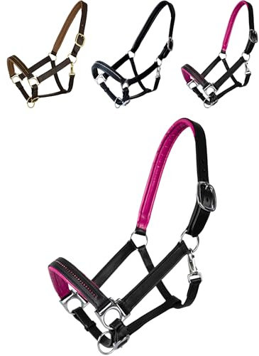 Marengos - Halfter Diamond aus Leder | Halfter für Pferde | Pferdehalfter mit farbig unterlegtem Nasenriemen & Genickstück | edles Lederhalfter | Pferde Zubehör in Schwarz/Pink | Pony