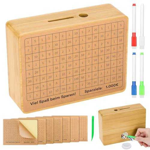 Selizo Spardose Holz,Sparbox mit Zahlen Ankreuzen,Sparbox with Ziel,Spardose mit zähler Zum Ankreuzen,Sparschwein mit Sparziel,Spardose €500 €1,000 €2,000 €3,000 €5,000 Euro Keine Montage