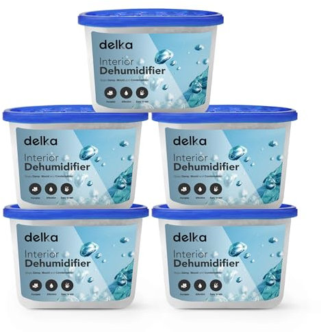 Delka Dehumidifiers 500ml Moisture, Damp Absorbers, Disposable Condensation Remover, Dehumidifiers for Mould Compact & Portable Design for Bedroom, Kitchen, Office, Bathroom, Garage, Wardrobe (5 PACK)