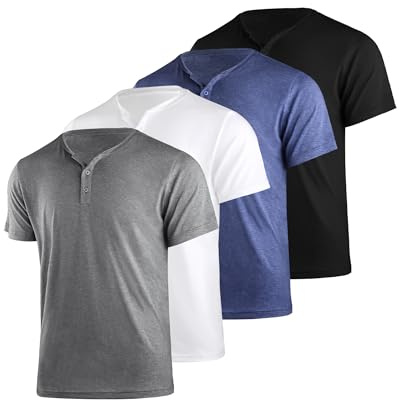 Liloak Confezione da 4 Magliette da Uomo Henley, Multipack Henley a Maniche Corte, Magliette a 3 Bottoni Multicolore, Confezione Classica Casual, Nero/Bianco/Grigio/Navy, XL