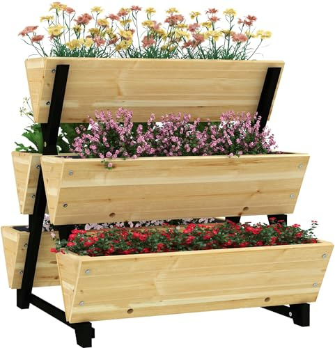 Outsunny Fioriera da Esterno a 3 Livelli con 5 Strutture in Legno di Abete, Fioriera da Giardino con Fori di Drenaggio e Fodera, 75x78x77 cm, color Legno