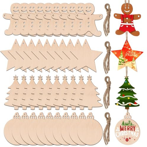 RNHDLY 40 Pièces Décoration de Noël en Bois DIY à Peindre avec Ficelle pour Loisirs Créatifs et Sapin