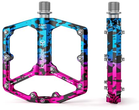 GEWAGE MTB & Landsväg Cykelpedaler – 3 Lager Plattformpedaler – CNC-frästa 9/16” Flat Pedals med Utbytbara Anti-Slip-Piggar (Red Blue Camo)