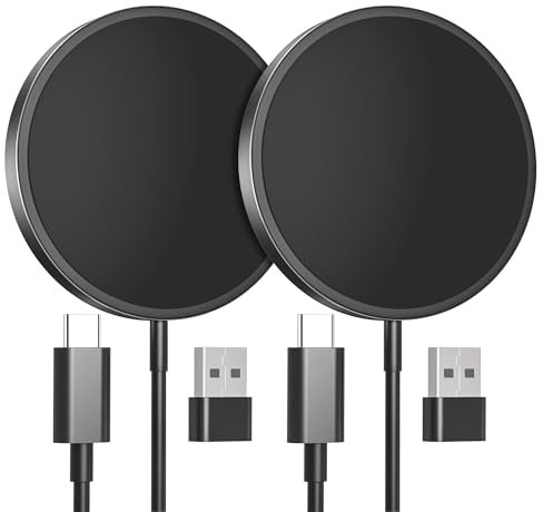 2 Pack Chargeur sans Fil pour iPhone 15W, Chargeur Rapide pour iphone, Chargeur Magnétique vers USB‑C pour iPhone 17/16/15/14/13/12 Series, Airpods 3/2/ Pro (Noir)