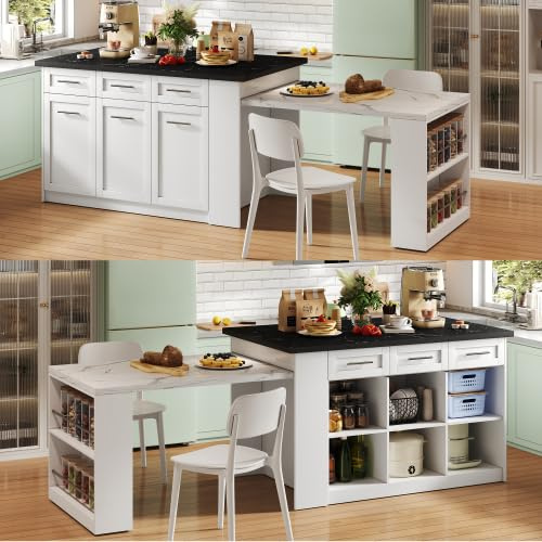 Huayz Isola da cucina multifunzione con 150 cm+96 cm, tavolo da pranzo allungabile bianco, piano di lavoro in legno marmorizzato nero/bianco, armadietti integrati