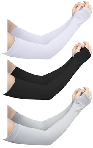 Arm Sleeves,3 Pairs UV Protection Cooling Arm Sleeves 3 Colors Cooling Arm Sleeve Women Men Summer Sun Arm Cover Sleeves Tattoo Cover for Cycling Driving Golf Hiking Running (Black+White+Grey)