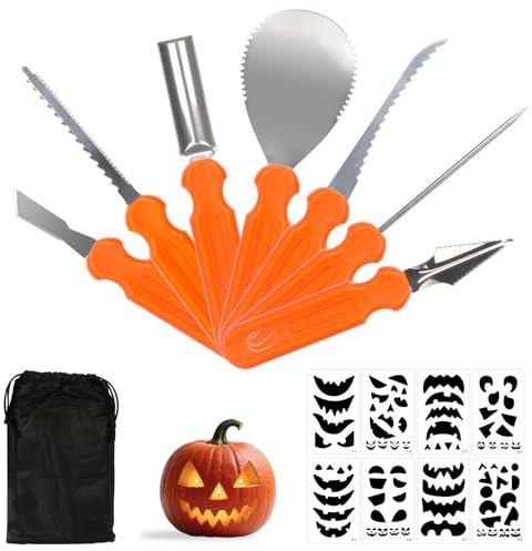 CAKKVDE Professional Pumpkin Carving Kit – 7Pcs Heavy Duty Tools with 8 Stencils, Halloween Pumpkin Carving Set, Safe & Reusable Decorating Kit for Jack-o'-Lanterns