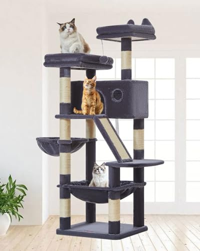 Taoqimiao Rascador para Gatos 146cm, Árbol para Gatos Grandes, 8 Postes de Sisal para Arañar, Panel Rascador, Hamaca Suave, 2 Plataformas Acolchadas Superiores, MS026G Gris Oscuro