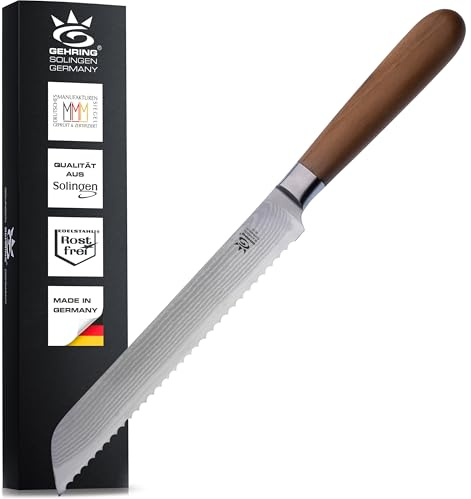 GEHRING SOLINGEN Damast Brotmesser, Scharfes Profi Küchenmesser, Made in Germany, eisgehärteter Damaststahl VG10 + ergonomischer Nussbaum - Holzgriff