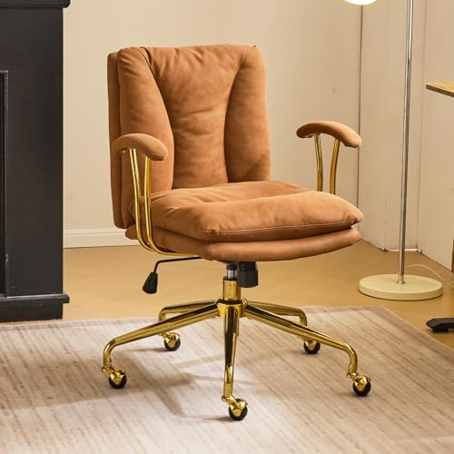Bonnlo Fauteuil de Bureau en Cuir, Chaise avec Accoudoir, Siège Bureau Ergonomique, Chaise Pivotante avec Dossier Rembourré et Pied Doré, Marron