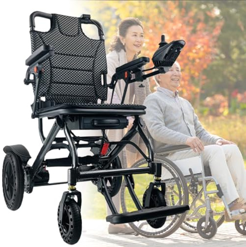 LFfwynog Silla de Ruedas Plegable, Silla de Ruedas eléctrica para Adultos, Capacidad de 100 kg, Marco de Aluminio y Carbono, batería de Larga duración para Viajes y Uso Diario. 20AH