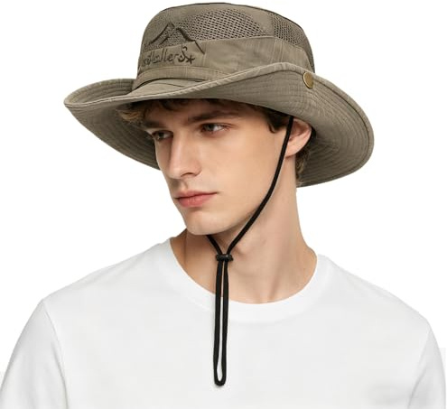 TUONYIS Cappello da sole in cotone con protezione UV, cappello da pescatore kaki, cappello boonie, cappello da pesca pieghevole a tesa larga con rete traspirante e cinturino regolabile per il mento