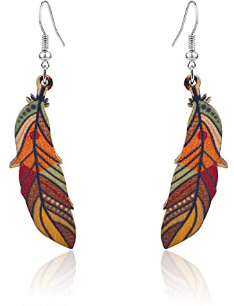 KaFu Bohemian Vintage African Natural Wood Leaf Drop Earrings Geometric Earrings Lightweight Colourful Wood Leaf Dangle Earrings for Women Gifts (leaf)