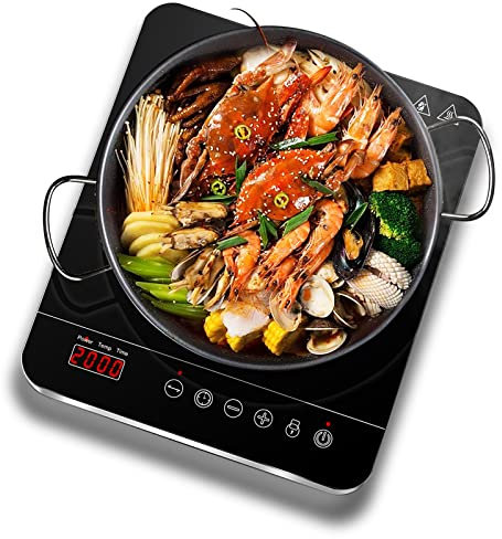 Aobosi Plaque de cuisson à induction portable, panneau en verre cristal noir tendance, capteur LCD tactile, 10 températures et niveaux de puissance (200 W à 2000 W), minuterie de 3 heures,