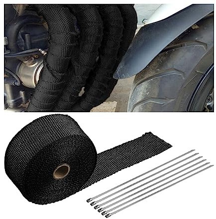JNNJ 5CM X 5M Bande Thermique Echappement, Ruban Isolant Echappement Moto Avec 10 attaches de câble en Acier Inoxydable, Bande Collecteur Echappement en Titanium pour Moto