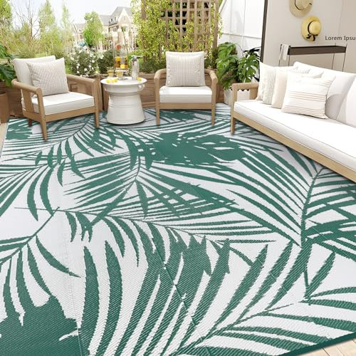 Famibay Tappeto per Esterno Motivo a Foglie Verdi Elegante Tappeto Impermeabile Eeversibili e Resistente ai Raggi UV per Giardino, Patio, Spiaggia, Picnic, Campeggio, Cortile 150 x 245 cm