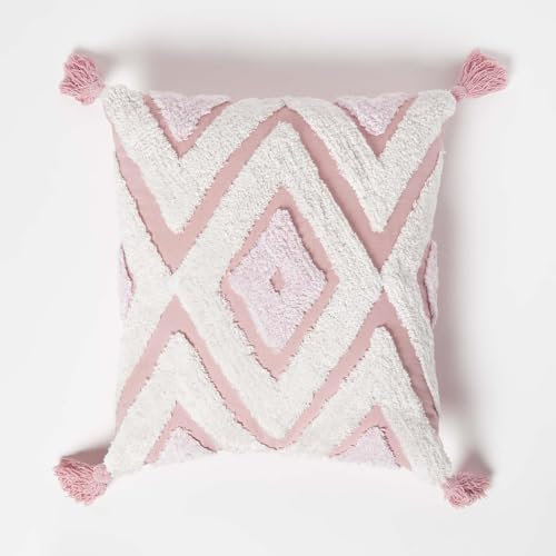 HOMESCAPES Tufted Cushion Covers 45 x 45 cm, Filled, Pure Cotton Boho Throw Pillow Covers with Tassels, Pink Geometric Luxury Decorative Pillow Cases for Sofa or Bedroom - Insert Included