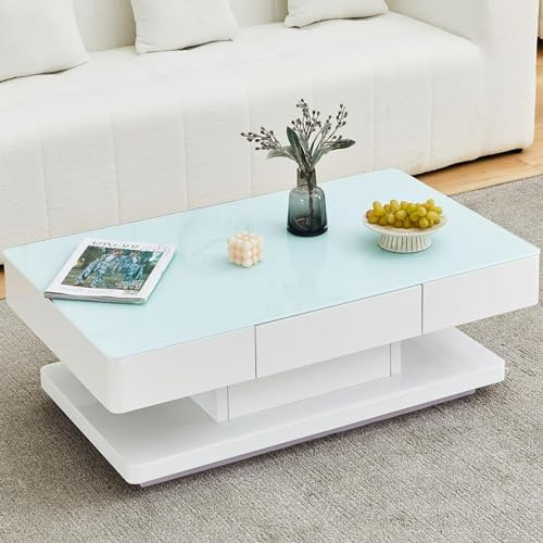 CLIPOP Couchtisch Hochglanz, 2 Schubladen, Glasplatte, Weiß 100 * 60 * 35cm | Gehärtetes Glas, großer Stauraum, für Wohnzimmer, Büro, Empfang, Wartebereich, modernes Design, stabil