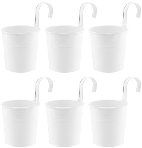 HEIYUET 6er Set Metall Hängetöpfe Weiß, 10cm kleine Hängetöpfe Blumentöpfe zum Aufhängen, Blumentopf zum Einhängen mit Haken für Außen innen Dekoration Garten Zaun