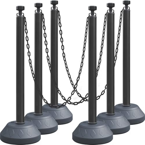 OranLite 6-Set Pack 40 inch Black Work Zone Chain Post Set, Traffic Queue Delineator Post Cones, 6 x 6.6' Feet Plastic Chains, Portable Crowd Control Stanchions Set (Black-Water Filled Base)