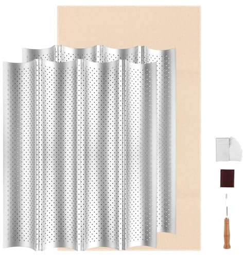 WOPPLXY 2 moldes para baguette, bandeja para hornear baguette con lino y cuchillo de panadería, bandeja antiadherente para 4 baguettes