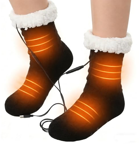 Calcetines de suelo con calefacción USB, antideslizantes, para invierno, calentadores de pies, calcetines de punto de forro polar para mujeres y hombres, Negro, Taille unique