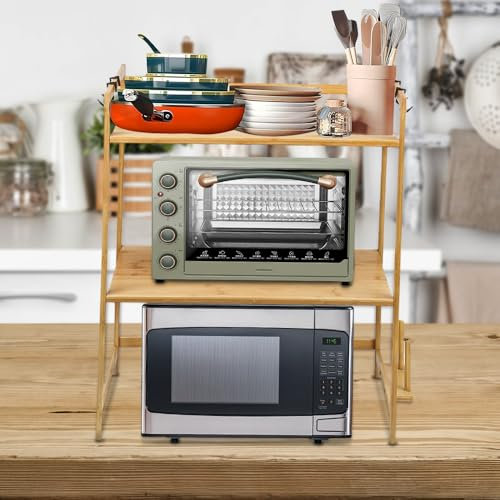 HUOLE Support pour Micro-Ondes, Étagère à Micro-Ondes, avec 4 haches et Support pour Planche à découper, Support Multifonction en Bois pour Cuisine-Porte-épices (3 Niveaux)